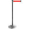 A silver stanchion with a red retractable belt extending horizontally.
