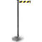 Queue barrier with silver base, pole, and black and yellow striped barrier tape.