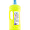 Gelbe Plastikflasche mit blauem Deckel und weißem Etikett inklusive Warnsymbol.