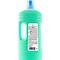 Rückseite einer grünen Reinigungsmittel-Flasche mit blauem Verschluss und detailliertem Etikett.