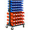 Carro de almacenamiento móvil con cinco filas de cajas azules y cuatro filas de cajas rojas sobre cuatro ruedas.