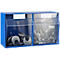 Caja de pared azul con dos compartimentos, llena de accesorios en recipientes transparentes.