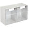 Caja de almacenamiento blanca con dos compartimentos. Los frentes son transparentes. Los compartimentos están ligeramente abiertos.
