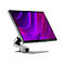 Moderner silberner Monitor mit verstellbarem Standfuß und abstraktem violetten Hintergrund auf dem Display.
