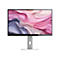 Ein moderner Monitor mit einem abstrakten, wellenförmigen Hintergrundbild in Rosa und Blau auf einem silbernen Ständer.