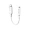 Weißer USB-C-auf-3,5-mm-Klinken-Adapter mit geflochtenem Kabel und Alogic-Logo vor weißem Hintergrund.