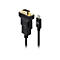 Ein schwarzes USB-C auf VGA-Adapterkabel vor weißem Hintergrund.