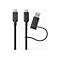 Schwarzes USB-Kabel mit zwei USB-C-Steckern und einem abnehmbaren USB-A-Adapter vor weißem Hintergrund.