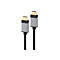 Zwei HDMI-Kabel mit goldfarbenen Anschlüssen und silberfarbenen Steckern mit Logoprägung vor weißem Hintergrund.