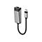 Silberner USB-C auf Gigabit Ethernet Adapter von Alogic mit schwarzem, stoffummanteltem Kabel vor weißem Hintergrund.