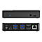 Schwarze Computer-Dockingstation mit AnschlÃ¼ssen fÃ¼r USB, HDMI, Ethernet und Audio.
