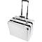 Silver trolley suitcase with extendable handle and combination locks.
