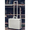 Silver aluminum trolley with extendable handle and wheels.