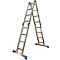 An A-frame aluminum ladder with blue feet. The ladder stands on a white background.