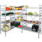 A silver shelving system filled with groceries including fruits, vegetables, drinks, and packaged goods. Ideal for storage.