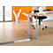 Office desk with cable management. View into an office, with wooden floor, orange wall and large windows.