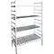 A silver, open shelving unit with four shelves. The shelves are perforated. The shelf stands on four legs.