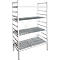Four-tiered shelf with silver metal frame. Each shelf has a perforated bottom.