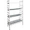 Gray metal shelf with four levels, held by metal struts. Shelves are slotted to allow air circulation.