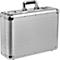 Silver briefcase with handle. The case has silver corners, rivets, and a combination lock.