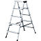 A silver step ladder with five steps, ready for use. Black rubber feet ensure a secure stand.