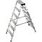 A silver stepladder, freestanding, with six steps, stands against a white background.