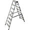 A silver step ladder stands upright. The steps are also silver, the feet are made of black plastic.