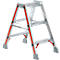 Aluminum ladder with red stripes and gray feet, freestanding.