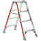Aluminum ladder. Red and white stripes on the sides. Gray feet and steps.