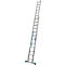 Extendable aluminum ladder on white background. Blue straps secure the ladder.