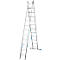 A silver, free-standing ladder that splits into two sections. Blue struts stabilize the construction.