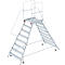 A silver rolling platform ladder with a platform at the top, railings and wheels.
