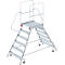 Silver stepladder with platform and handrail. Six steps lead to the platform with railing. Wheels on the feet.