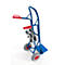 Blue stair climber with red handle and grey tires on a white background.
