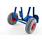 Close-up of a blue hand truck with gray tires and red rims.