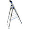 A silver stepladder with blue accents, on wheels. A black bracket at the top.