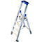 Aluminum step ladder with blue holder and wheels. The ladder has four steps and a tread.
