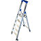 A silver aluminum ladder stands diagonally, accented with blue, with rollers. The inscription KRAUSE is on the top step.