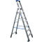 A silver stepladder with blue accents and rollers. Left: Krause logo.