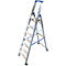 A silver stepladder stands against a white background. Blue elements accent details.