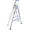 A silver ladder with blue details stands against a white background.
