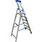 Aluminum step ladder. Blue accents on the joints and on the top step. Metal step board.