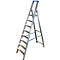 A silver, freestanding ladder with blue accents on the sides.