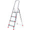 A silver stepladder with red accents and four steps. The ladder stands against a white background.