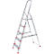 Aluminum step ladder with five steps, red rubber feet and handrail.