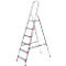 Silver step ladder with red accents against a neutral background. Five steps, safety bar.