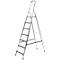 Gray aluminum stepladder with seven steps, standing on a white background.