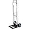A silver, foldable hand truck with two black wheels and a black loading plate. The handle is also silver.