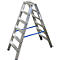 Silver ladder, stands stable on four feet. Blue stabilizing bars, manufacturer logo.