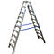 A-shaped silver ladder with blue struts. The ladder stands open against a white background.